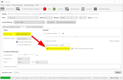 La conversion en deux passes offre une meilleure qualité et une taille de fichier plus petite moyennant un temps considérable.