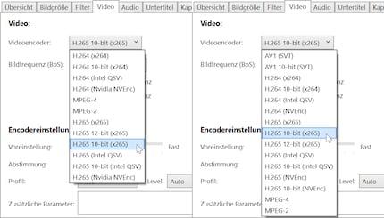 Comparaison des encodeurs Handbrake : choix d'encodeurs disponibles avec un processeur Intel de 12e génération et une Nvidia GeForce RTX 3080. À gauche, la version Latest normale, à droite, la version Snapshot appelée aussi version Nightly (état : septembre 2022).