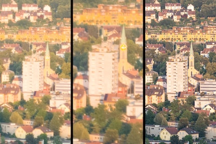 100 per cent crops from the 85 millimetres of the Xperia (left), 125 millimetres of the Xperia (centre) and 85 millimetres of the A7RV (right).