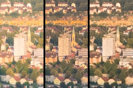 The 85 millimetres of the Xperia (left) compared with a more digitally zoomed image of the iPhone 14 Pro (centre) and an extremely zoomed image of the 24 millimetres of the Xperia (right)