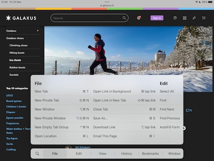 Disponible uniquement pour l’iPad : un menu d’application avec tous les raccourcis.