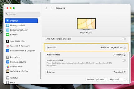 Sur macOS, vous pouvez choisir un profil de couleurs dans les réglages écran, comme le profil sRGB pour Asus PG34WCDM ici.
