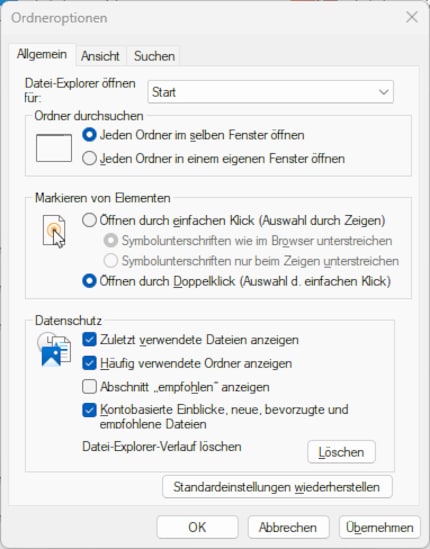 Start view in File Explorer Options (in German).