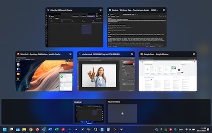 L’affichage des tâches montre les fenêtres ouvertes et les bureaux virtuels. Ici, vous pouvez passer à un autre programme ou fermer des applis.
